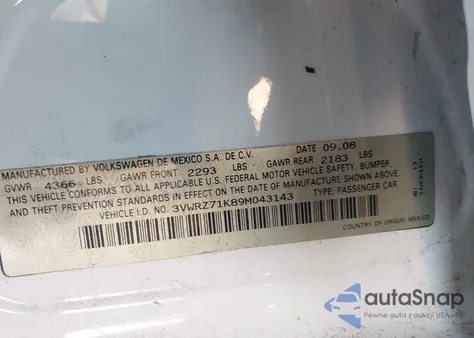 2009 Volkswagen Jetta Se/Sel из США, поврежденный, VIN 3VWRZ71K89M043143